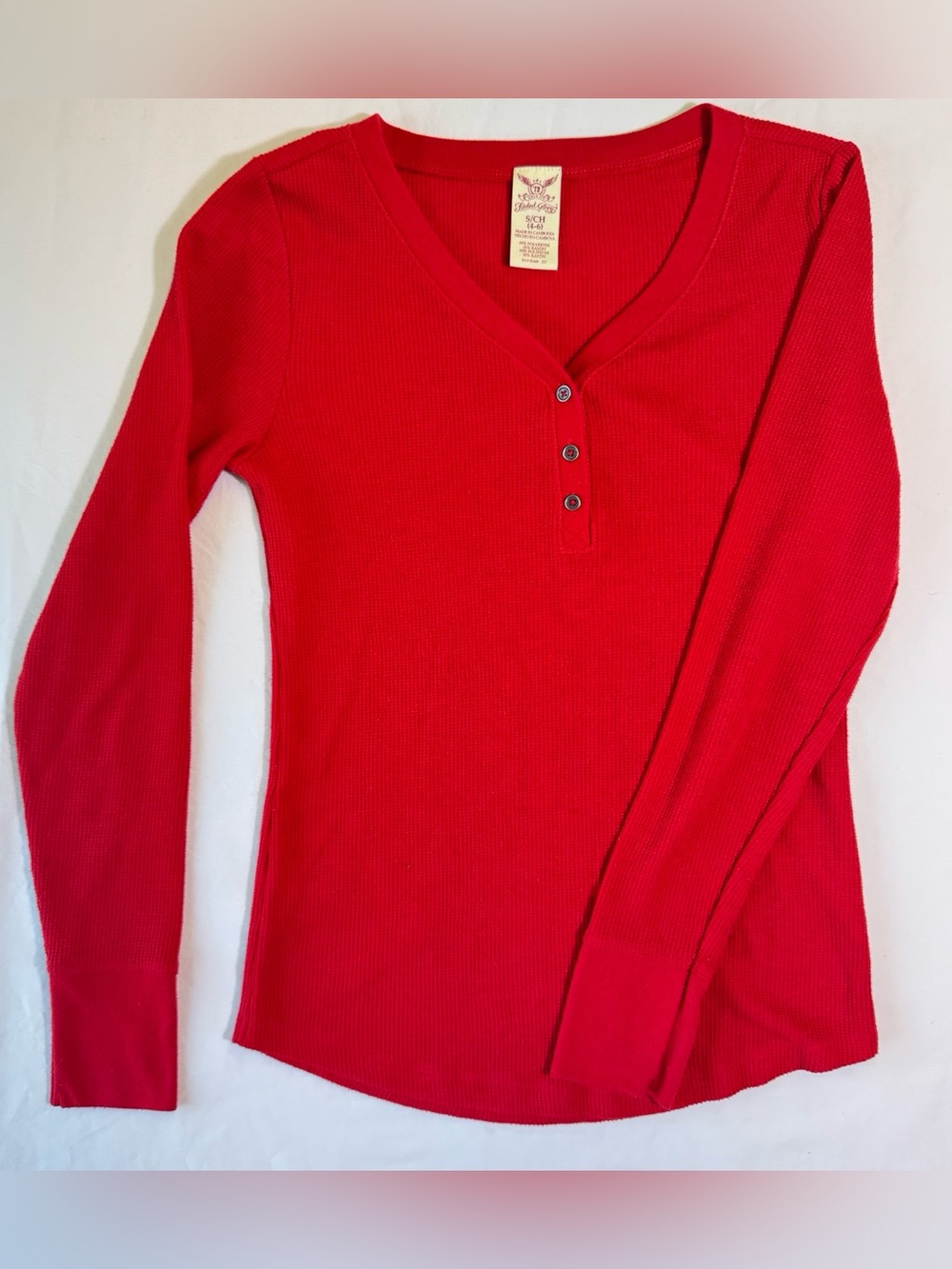 Faded Glory Women's Small Red Waffle Knit Henley Long Sleeve Thermal Y2K Top